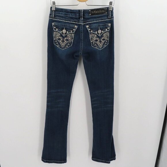 LA Idol Junior 5 Bootcut Boot Dark Whiskered Rhinestone Jeans Denim Low Rise - Picture 6 of 14